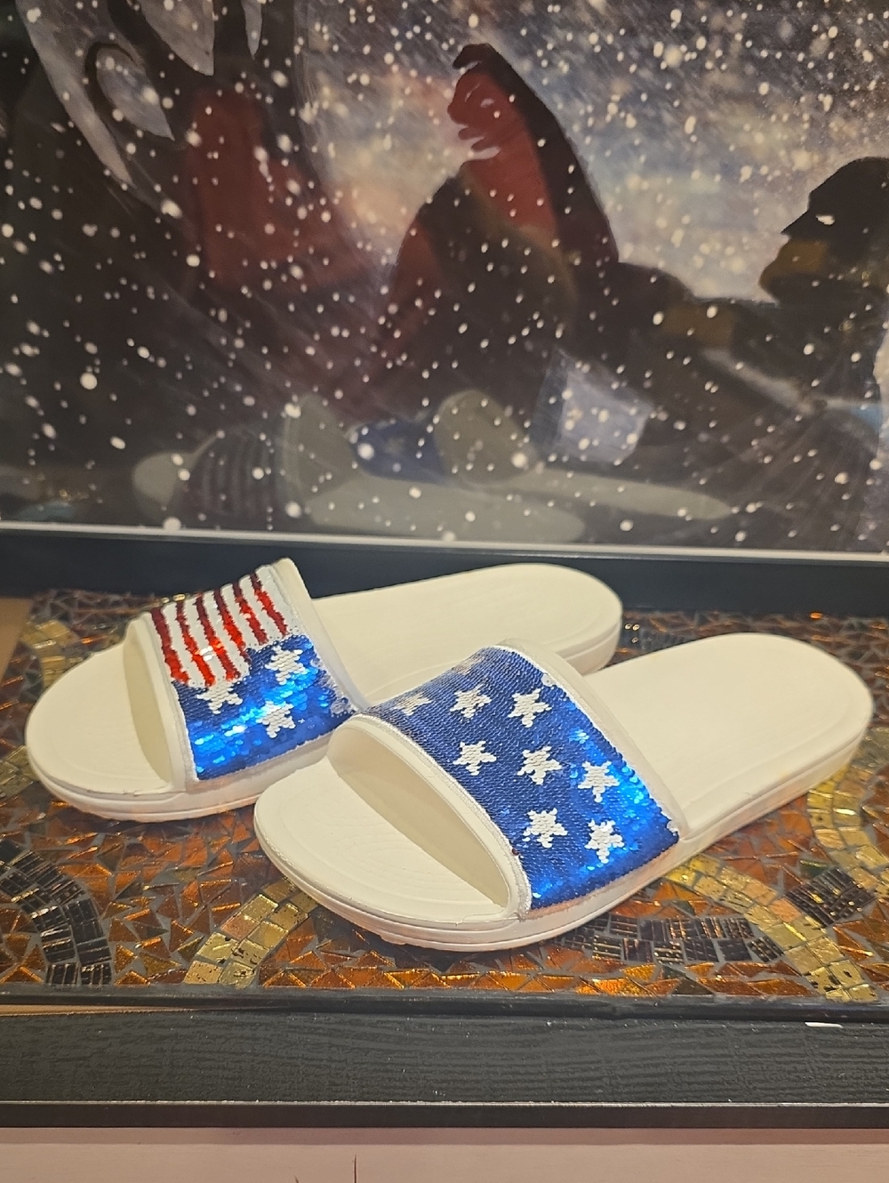 CROCS White Slides with Red, White & Blue Sequin American Flag Strap